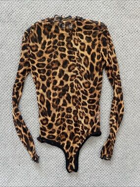 Leopard Print Sheer Long-Sleeve One-Piece Bodysuit - Brown